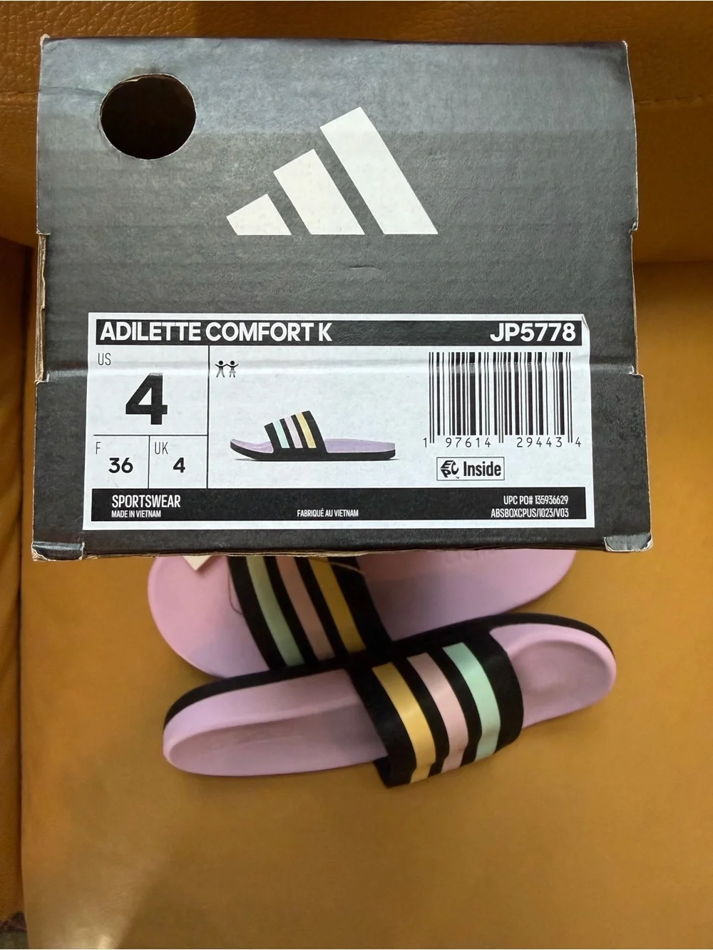 adidas girl’s Pink Slide Sandals with Black Strap and Pastel Stripes size 4